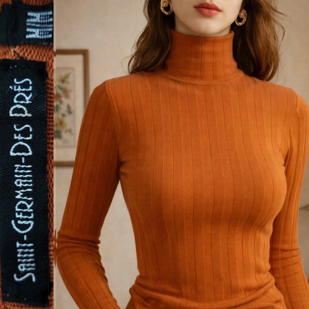 Vintage Parisian Ribbed Sweater Orange Flattering knit Size M